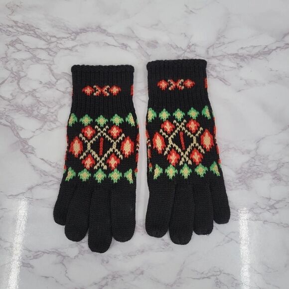 Vintage Handknit Gloves Black with Green Red Cream Nordic Fair Isle Designs - Picture 10 of 12